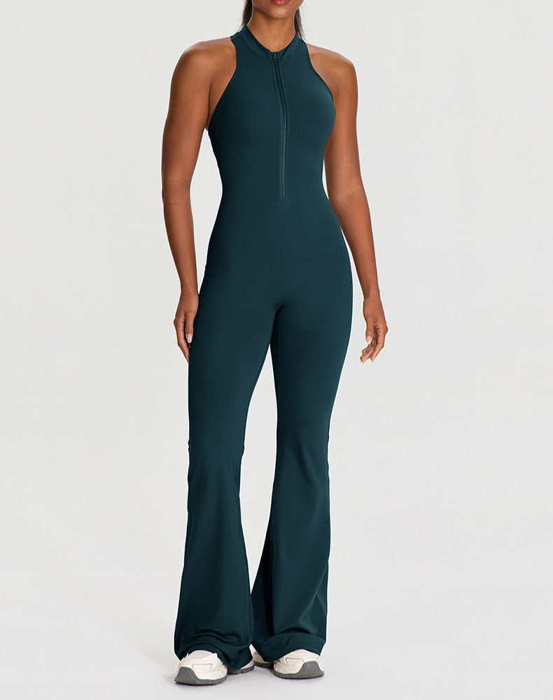 Zipper Racerback Yoga Bodysuit Flare Jumpsuit with Pockets