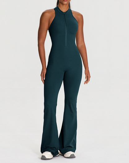 Zipper Racerback Yoga Bodysuit Flare Jumpsuit with Pockets