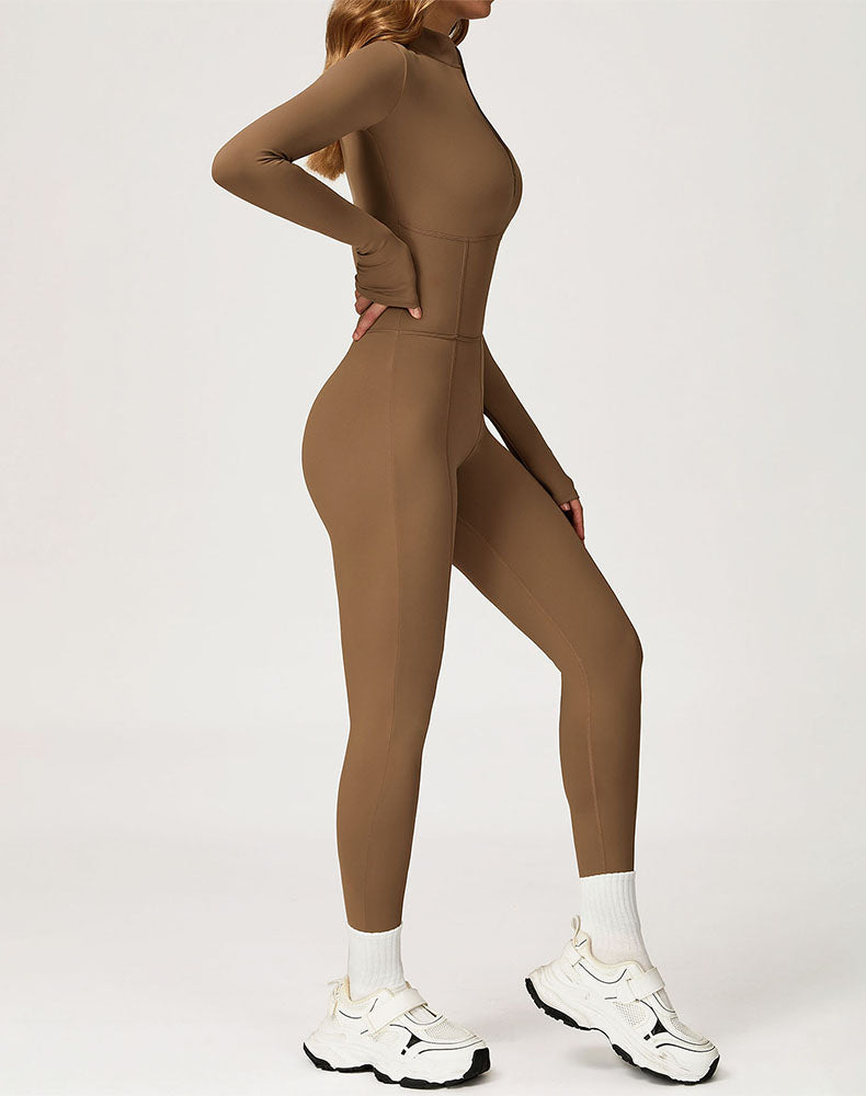 Contour Seams Workout Jumpsuit Zip Up One Piece Bodysuit