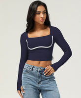 Square Neck Long Sleeve Slim Fitted Crop T-Shirt