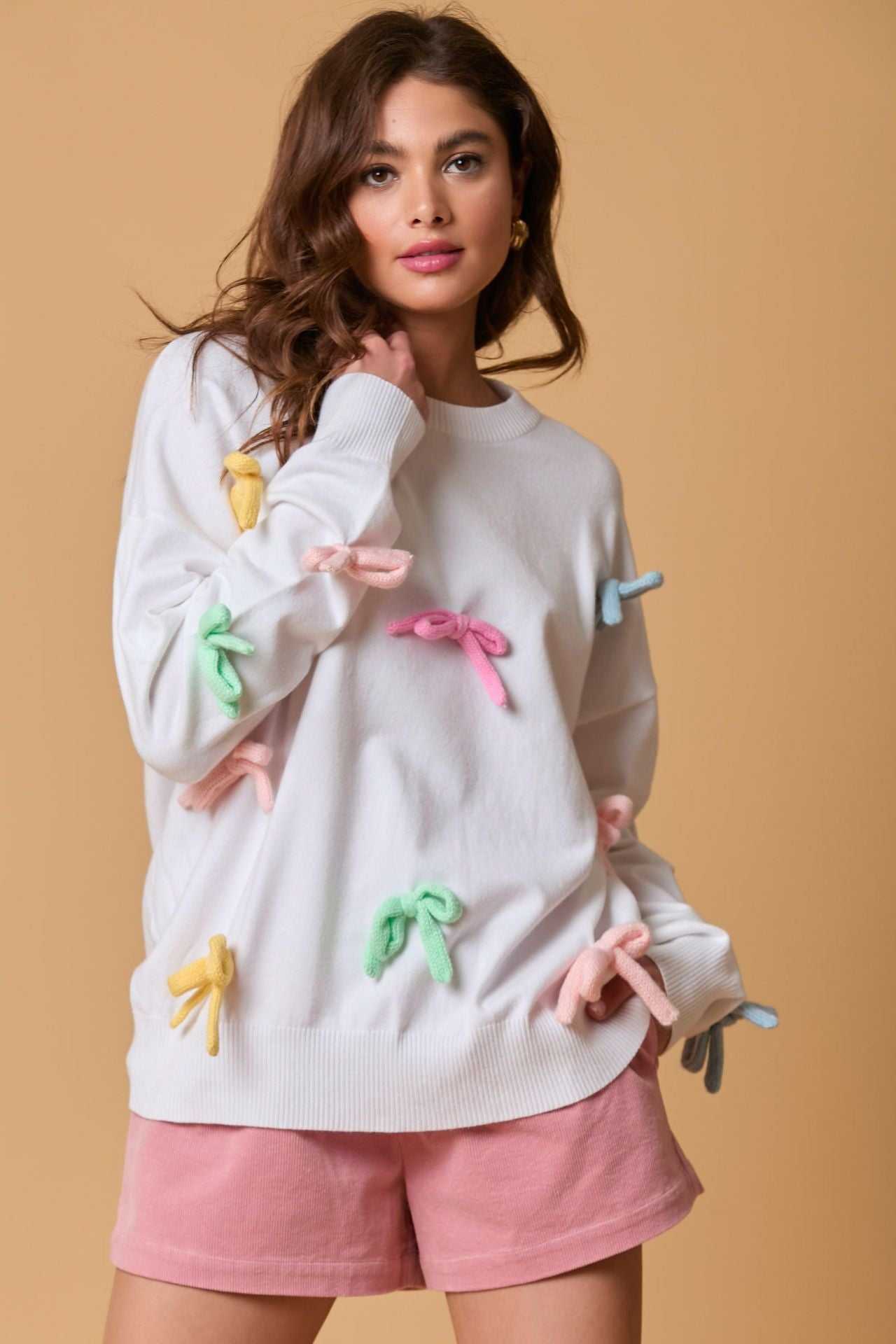 Cute Colorful Bow Long Sleeve Crew Sweater | Perfect for Everyday Wear