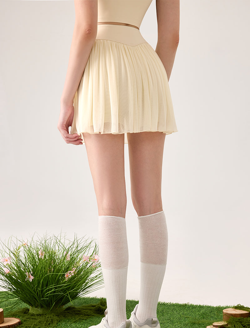 Mesh Sheer Pleated Skirt Tulle Skirt with Short and Pocket