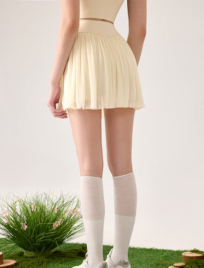 Mesh Sheer Pleated Skirt Tulle Skirt with Short and Pocket