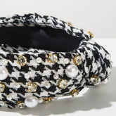 Classic Tweed Fabric Knotted Headband with Pearl and Rhinestone