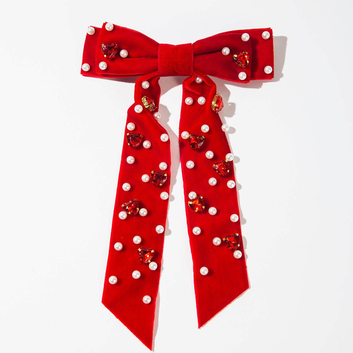 Velvet Bow Hair Clip with Heart Shaped Diamond and Pearls