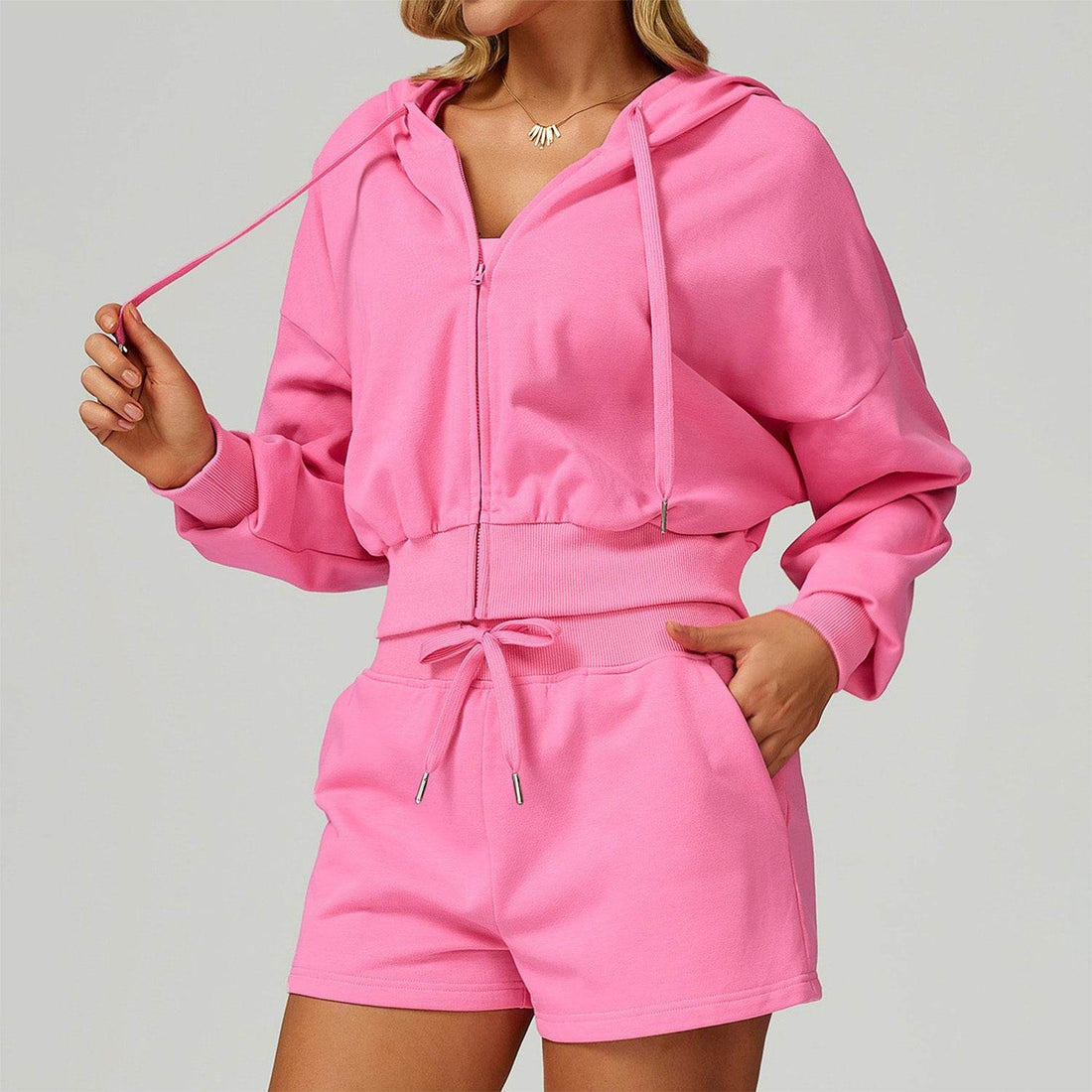 Long Sleeve Full Zip Up Crop Drawstring Hoodie Jacket