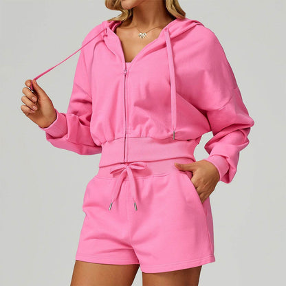 Long Sleeve Full Zip Up Crop Drawstring Hoodie Jacket
