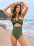 Halter One Piece Swimsuit with Leaf Print Cover Up Sarong Skirt