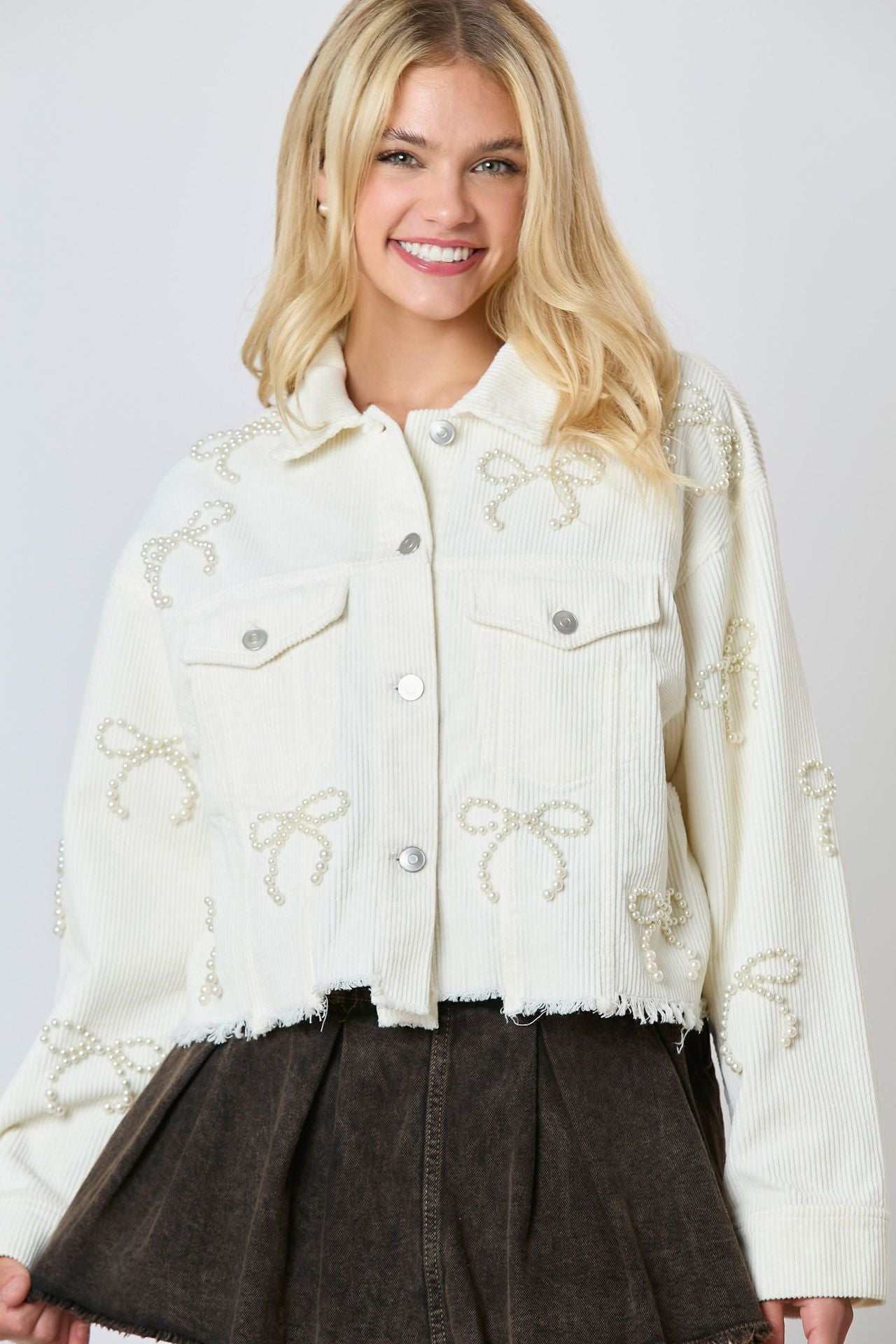 Pearl Bow Cropped Corduroy Jacket | Chic &amp; Trendy Layering Piece