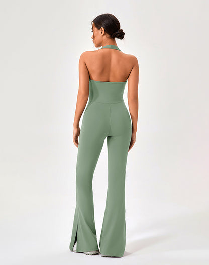 Halter Neck Flare Jumpsuit One Piece Side Split Yoga Rompers