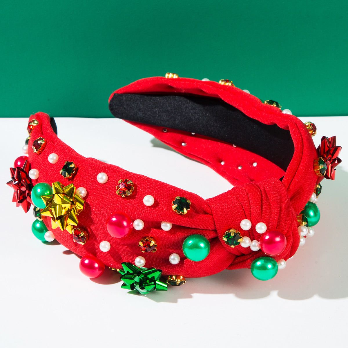 Christmas Knotted Headband with Embellished Crystals and Pearls | Christmas Glam