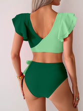 Ruffled Sleeves Color Block Bikini Sets