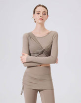 Mesh Twist Front Long Sleeve T-Shirts Round Neck Crop Tops