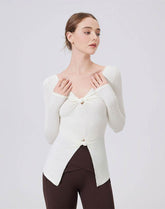 V Neck Twist Knot T-Shirts Long Sleeve Split Slim Fit Tops