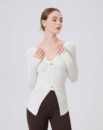 V Neck Twist Knot T-Shirts Long Sleeve Split Slim Fit Tops
