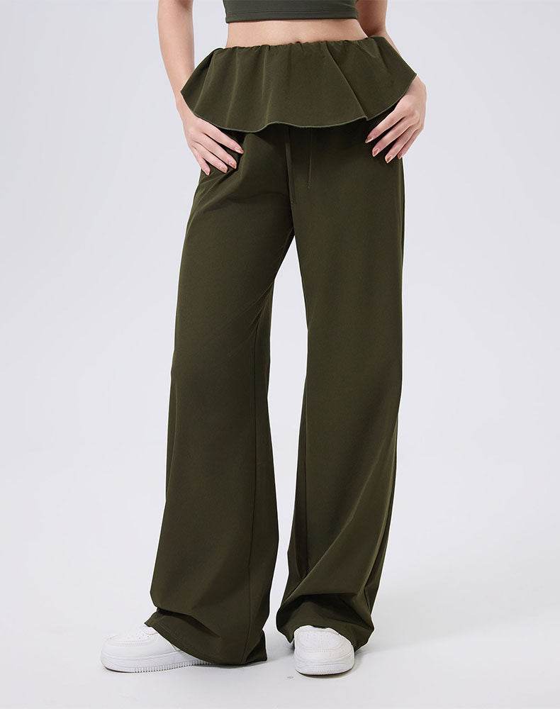 Ruffle Trim Wide Leg Casual Pants Sweatpants with Pockets