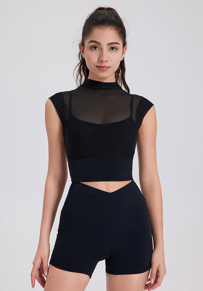 Mesh Yoga Crop T-Shirts with Built-in Chest Pad