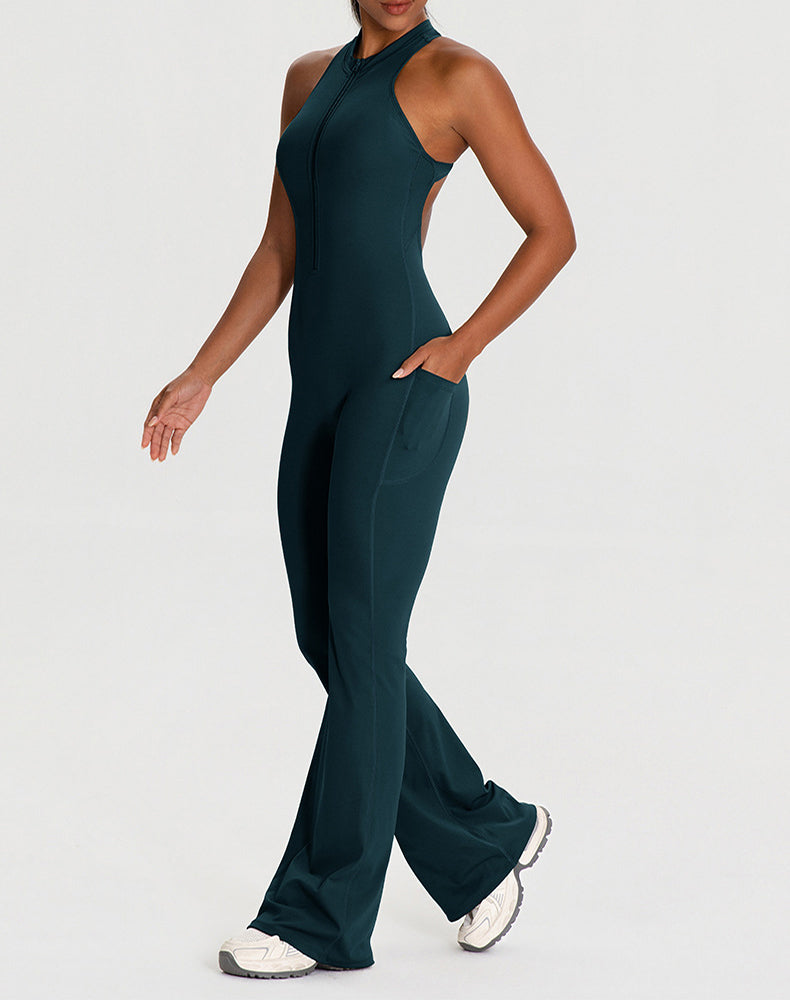 Zipper Racerback Yoga Bodysuit Flare Jumpsuit with Pockets