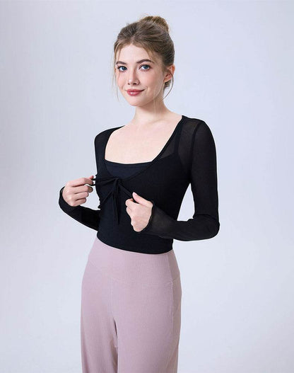 Faux Two Piece Long Sleeve Mesh Crop Top Tie Yoga T-Shirts