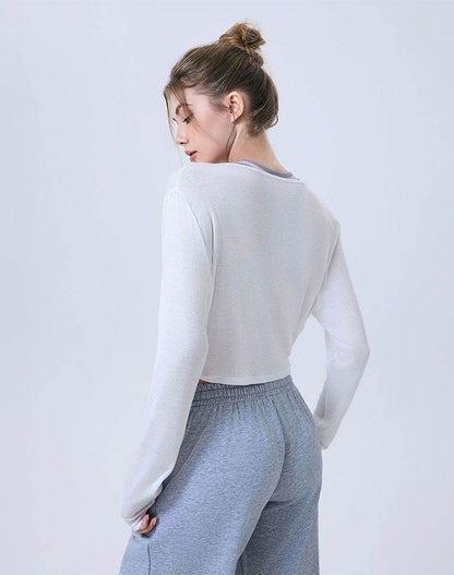 Long Sleeve Fake Two Piece Crop Top V Neck Yoga T-Shirt