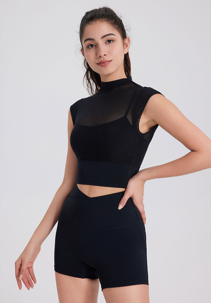 Mesh Yoga Crop T-Shirts with Built-in Chest Pad