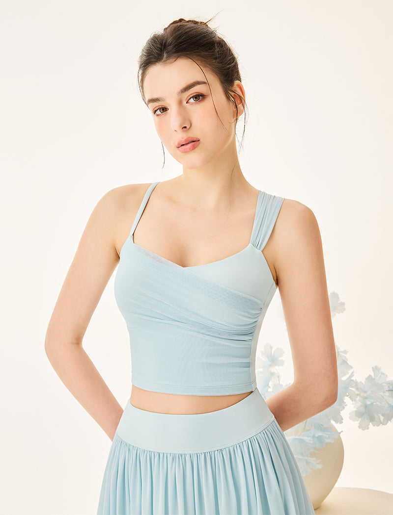 Asymmetrical Shoulder Straps Mesh Tank Top Criss Cross Shirt