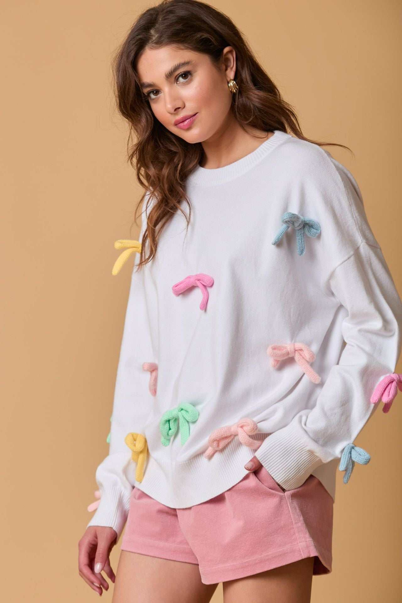 Cute Colorful Bow Long Sleeve Crew Sweater | Perfect for Everyday Wear