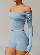 Active Wear Set with Long Sleeve Off Shoulder Crop Top and Shorts