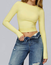 Crewneck Long Sleeve Shirt Basic Tees Slim Fit Crop Tops