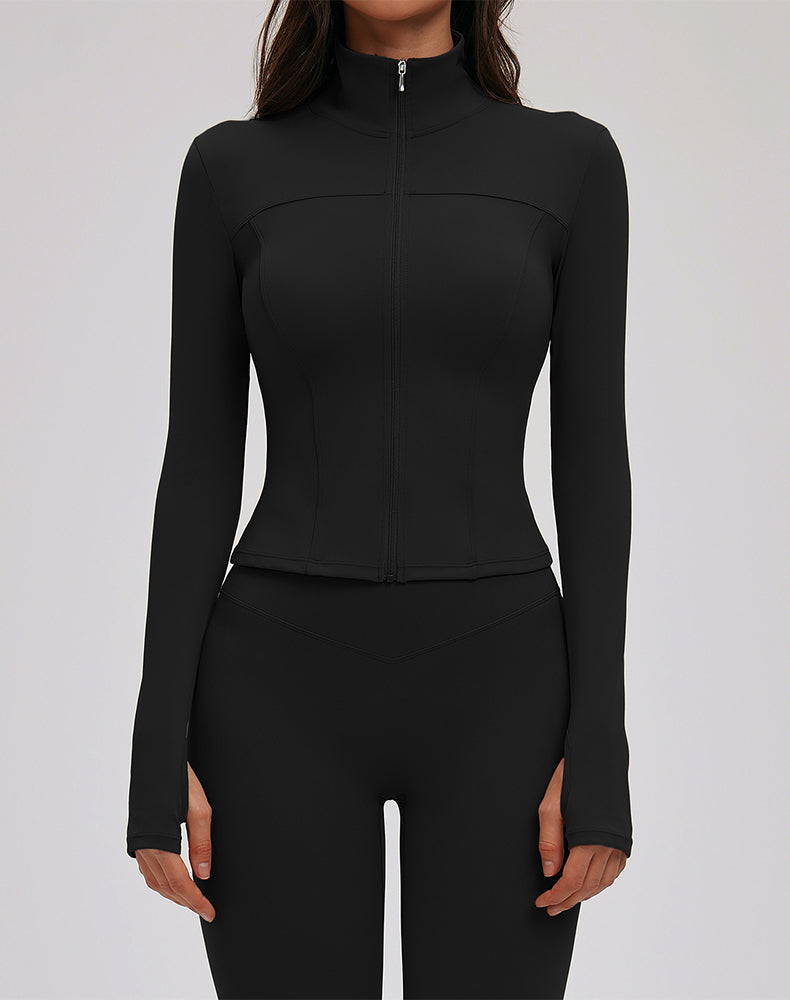 Cropped Jacket Zip Slim Fit Athletic Tops with Thumb Holes