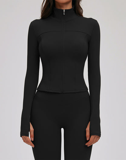 Cropped Jacket Zip Slim Fit Athletic Tops with Thumb Holes