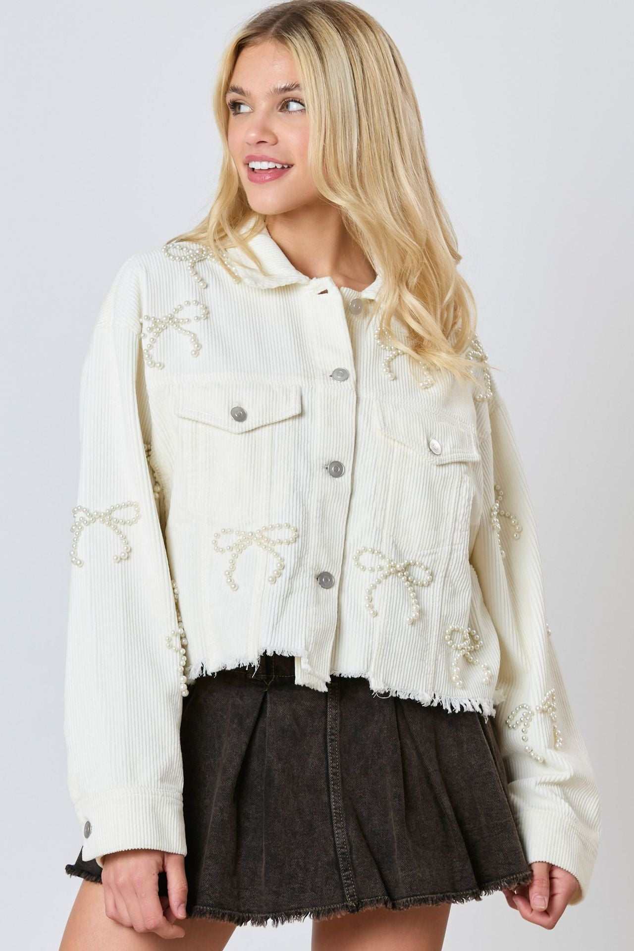 Pearl Bow Cropped Corduroy Jacket | Chic &amp; Trendy Layering Piece