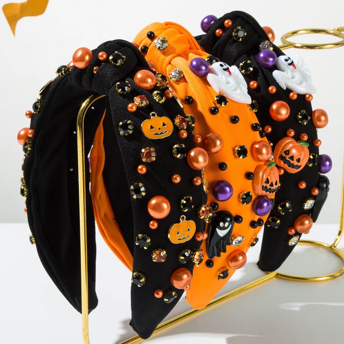 Halloween Pearl Knotted Headband with Pumpkin and Ghost