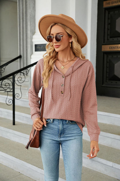 Button Hooded Sweatshirt Loose Long Sleeve Casual Tops