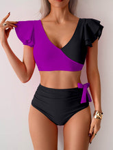 Ruffled Sleeves Color Block Bikini Sets