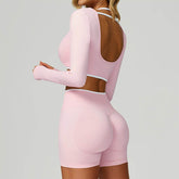Backless Long Sleeve Workout Crop Top Gym Shirt with Halter