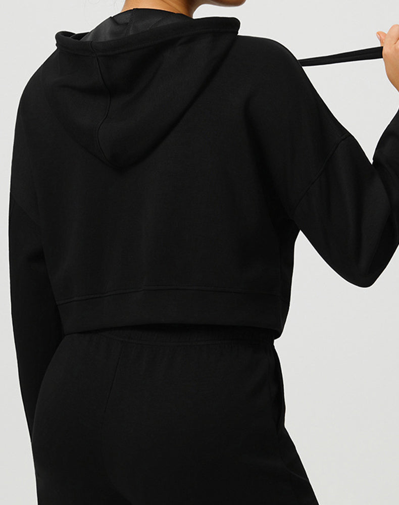 Long Sleeve Hooded Zip Up Casual Crop Coat with Pockets