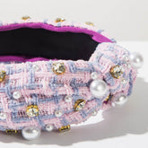 Classic Tweed Fabric Knotted Headband with Pearl and Rhinestone