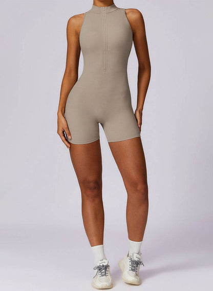 Zip Up Sleeveless Workout Shorts Jumpsuit