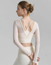 Mesh Long Sleeve Crop Tops V-shaped Cutout Back Yoga T-Shirt