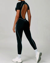 Three Dimensional Line Sports Backless Short Sleeve Jumpsuit