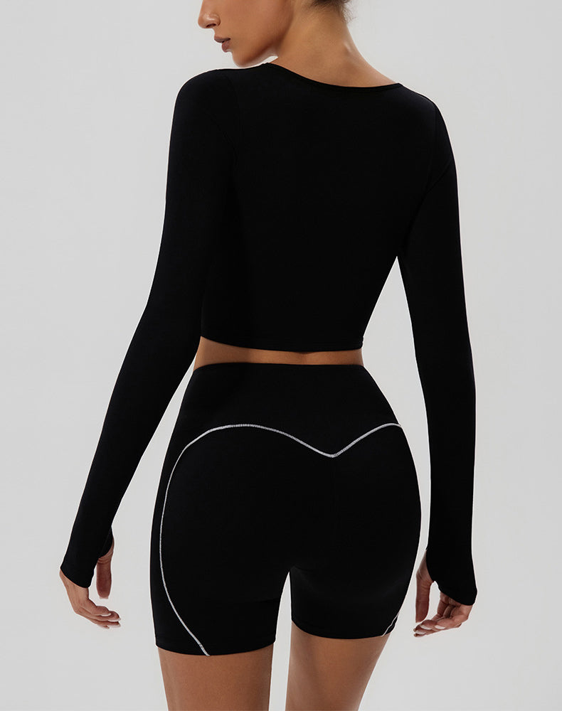 Solid Color Crop Top Yoga Long Sleeve V Neck T-Shirts