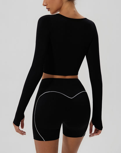 Solid Color Crop Top Yoga Long Sleeve V Neck T-Shirts