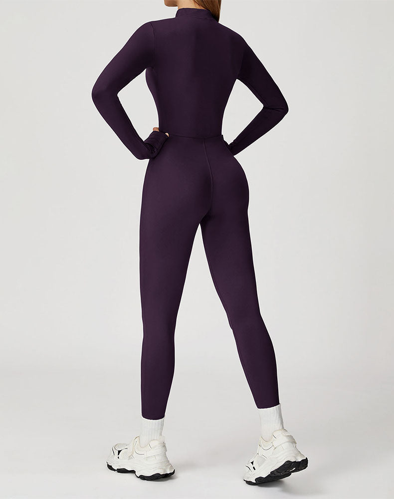 Long Sleeve Workout Jumpsuit Zip Up One Piece Bodysuit