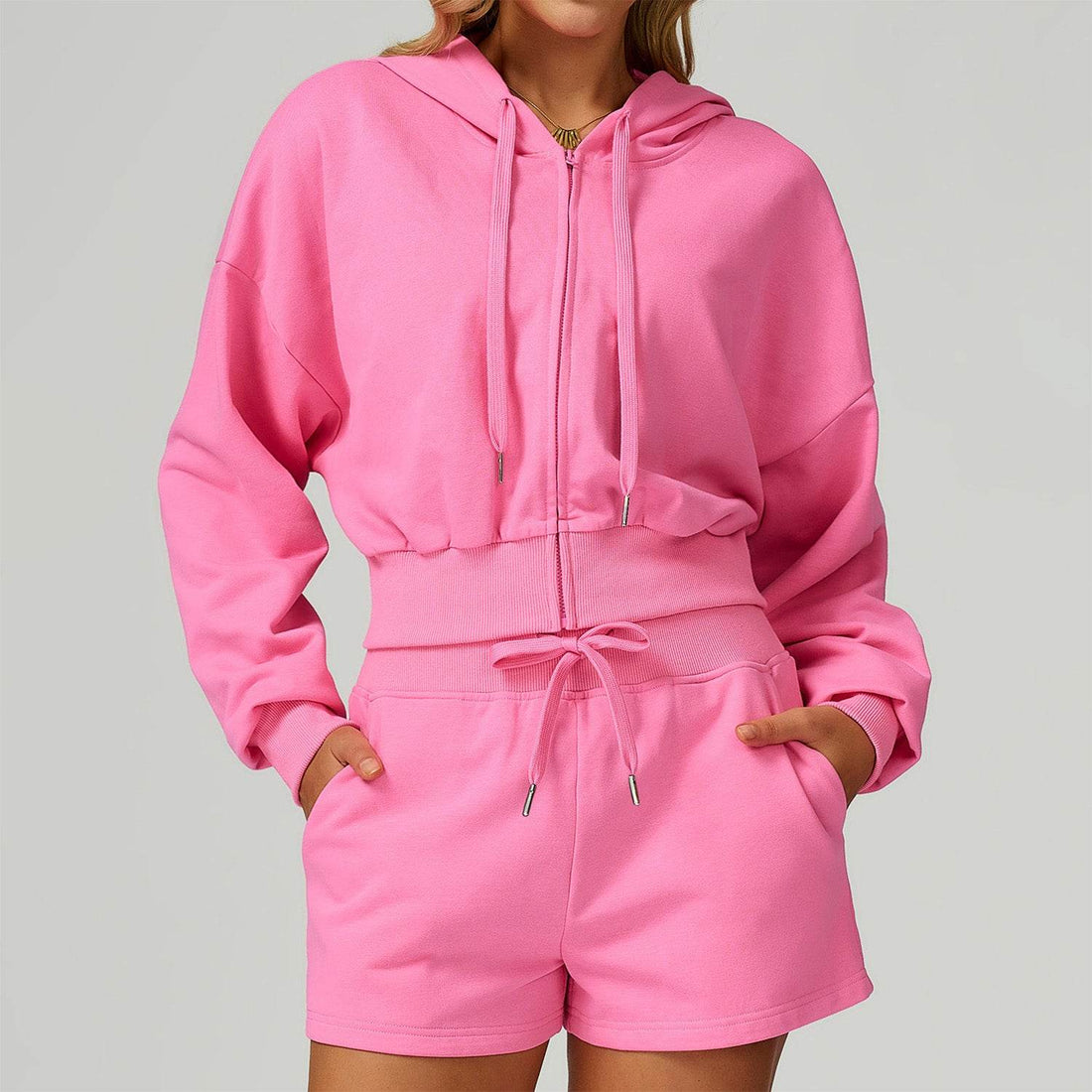 Long Sleeve Full Zip Up Crop Drawstring Hoodie Jacket