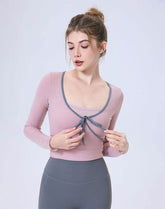 Faux Two Piece Long Sleeve Mesh Crop Top Tie Yoga T-Shirts