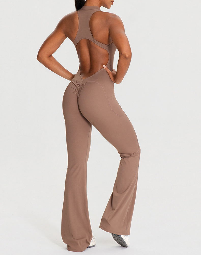 Zipper Racerback Yoga Bodysuit Flare Jumpsuit with Pockets