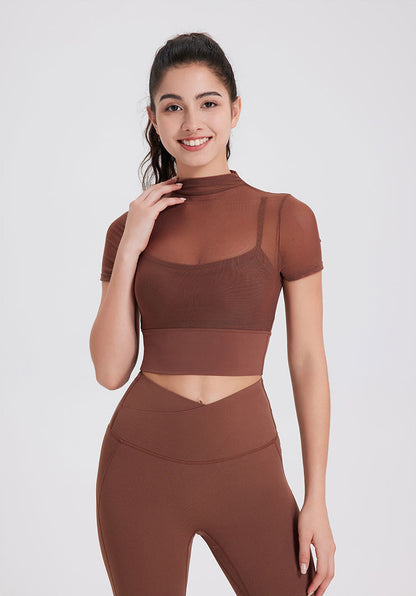 Mesh Fitness Crop T-Shirts with Built-in Chest Pad