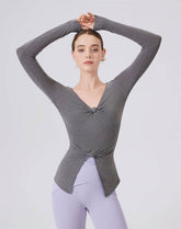 V Neck Twist Knot T-Shirts Long Sleeve Split Slim Fit Tops