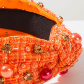 Classic Tweed Fabric Knotted Headband with Pearl and Rhinestone